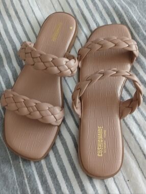 Faux-Leather Braided Slide Sandals in Taupe - Women
